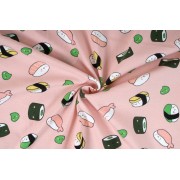 Úplet jednolíc, sushi na růžovém podkladu, tričkovina, látky, metráž
