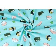 Úplet jednolíc, sushi na zeleném podkladu, tričkovina, látky, metráž